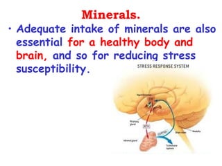 Minerals.
• Adequate intake of minerals are also
  essential for a healthy body and
  brain, and so for reducing stress
  susceptibility.
 