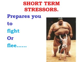 SHORT TERM
      STRESSORS.
Prepares you
to
fight
Or
flee……
 