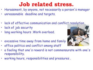 Job related stress.
• Harassment, by anyone, not necessarily a person's manager
• unreasonable deadline and targets.

• lack of effective communication and conflict resolution
• lack of job security
• long working hours .Work overload.

• excessive time away from home and family
• office politics and conflict among staff
• a feeling that one's reward is not commensurate with one's
  responsibility.
• working hours, responsibilities and pressures .
 