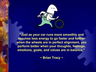 "Just as your car runs more smoothly and
 requires less energy to go faster and farther
when the wheels are in perfect alignment, you
perform better when your thoughts, feelings,
emotions, goals, and values are in balance."

               ~ Brian Tracy ~
 