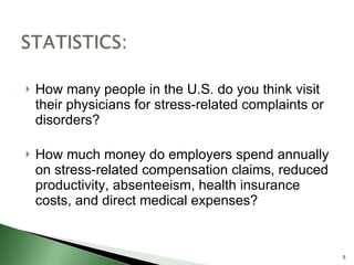 How many people in the U.S. do you think visit their physicians for stress-related complaints or disorders? How much money do employers spend annually on stress-related compensation claims, reduced productivity, absenteeism, health insurance costs, and direct medical expenses? 