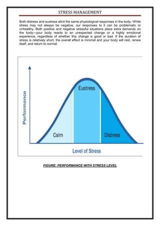 STRESS MANAGEMENT

Both distress and eustress elicit the same physiological responses in the body. While
stress may not always be negative, our responses to it can be problematic or
unhealthy. Both positive and negative stressful situations place extra demands on
the body—your body reacts to an unexpected change or a highly emotional
experience, regardless of whether this change is good or bad. If the duration of
stress is relatively short, the overall effect is minimal and your body will rest, renew
itself, and return to normal.




                 FIGURE: PERFORMANCE WITH STRESS LEVEL
 
