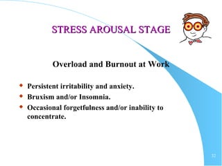 32
STRESS AROUSAL STAGESTRESS AROUSAL STAGE
Overload and Burnout at Work
 Persistent irritability and anxiety.
 Bruxism and/or Insomnia.
 Occasional forgetfulness and/or inability to
concentrate.
 