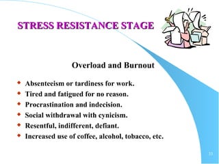 33
STRESS RESISTANCE STAGESTRESS RESISTANCE STAGE
Overload and Burnout
 Absenteeism or tardiness for work.
 Tired and fatigued for no reason.
 Procrastination and indecision.
 Social withdrawal with cynicism.
 Resentful, indifferent, defiant.
 Increased use of coffee, alcohol, tobacco, etc.
 