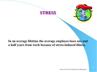 4
STRESSSTRESS
In an average lifetime the average employee loses one and
a half years from work because of stress-induced illness.
Source: Dr. Vernon Coleman Stress Management
 