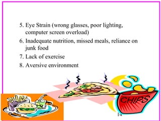 5. Eye Strain (wrong glasses, poor lighting,
computer screen overload)
6. Inadequate nutrition, missed meals, reliance on
junk food
7. Lack of exercise
8. Aversive environment

14

 