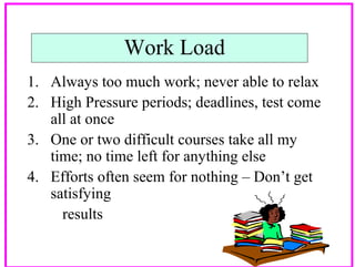 Work Load
1. Always too much work; never able to relax
2. High Pressure periods; deadlines, test come
all at once
3. One or two difficult courses take all my
time; no time left for anything else
4. Efforts often seem for nothing – Don’t get
satisfying
results
4

 