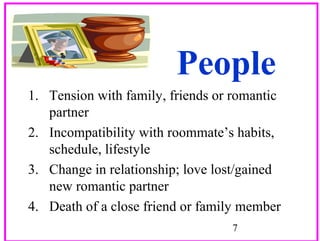 People
1. Tension with family, friends or romantic
partner
2. Incompatibility with roommate’s habits,
schedule, lifestyle
3. Change in relationship; love lost/gained
new romantic partner
4. Death of a close friend or family member
7

 