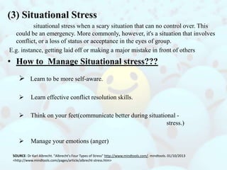 (3) Situational Stress
situational stress when a scary situation that can no control over. This
could be an emergency. More commonly, however, it's a situation that involves
conflict, or a loss of status or acceptance in the eyes of group.
E.g. instance, getting laid off or making a major mistake in front of others

• How to Manage Situational stress???
 Learn to be more self-aware.


Learn effective conflict resolution skills.



Think on your feet(communicate better during situational stress.)



Manage your emotions (anger)

SOURCE: Dr Karl Albrecht. "Albrecht's Four Types of Stress" http://www.mindtools.com/. mindtools. 01/10/2013
<http://www.mindtools.com/pages/article/albrecht-stress.htm>

 
