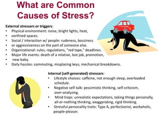 What are Common
Causes of Stress?
External stressors or triggers:
• Physical environment: noise, bright lights, heat,
• confined spaces.
• Social / interaction w/ people: rudeness, bossiness
• or aggressiveness on the part of someone else.
• Organizational: rules, regulations, "red tape," deadlines.
• Major life events: death of a relative, lost job, promotion,
• new baby.
• Daily hassles: commuting, misplacing keys, mechanical breakdowns.
Internal (self-generated) stressors:
• Lifestyle choices: caffeine, not enough sleep, overloaded
schedule.
• Negative self-talk: pessimistic thinking, self-criticism,
over-analyzing.
• Mind traps: unrealistic expectations, taking things personally,
all-or-nothing thinking, exaggerating, rigid thinking.
• Stressful personality traits: Type A, perfectionist, workaholic,
people-pleaser.

 