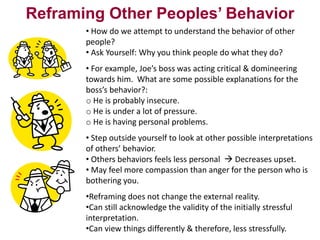Reframing Other Peoples’ Behavior
• How do we attempt to understand the behavior of other
people?
• Ask Yourself: Why you think people do what they do?

• For example, Joe’s boss was acting critical & domineering
towards him. What are some possible explanations for the
boss’s behavior?:
o He is probably insecure.
o He is under a lot of pressure.
o He is having personal problems.
• Step outside yourself to look at other possible interpretations
of others’ behavior.
• Others behaviors feels less personal  Decreases upset.
• May feel more compassion than anger for the person who is
bothering you.

•Reframing does not change the external reality.
•Can still acknowledge the validity of the initially stressful
interpretation.
•Can view things differently & therefore, less stressfully.

 