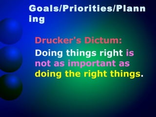 Goals/Priorities/Plann
ing
Drucker's Dictum:
Doing things right is
not as important as
doing the right things.

 