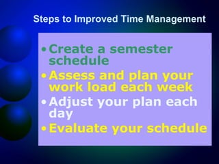 Steps to Improved Time Management

• Create a semester
schedule
• Assess and plan your
work load each week
• Adjust your plan each
day
• Evaluate your schedule

 