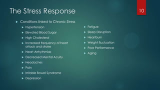 The Stress Response
 Conditions linked to Chronic Stress
 Hypertension
 Elevated Blood Sugar
 High Cholesterol
 Increased frequency of heart
attack and stroke
 Heart Arrhythmias
 Decreased Mental Acuity
 Headaches
 Pain
 Irritable Bowel Syndrome
 Depression
 Fatigue
 Sleep Disruption
 Heartburn
 Weight fluctuation
 Poor Performance
 Aging
10
 