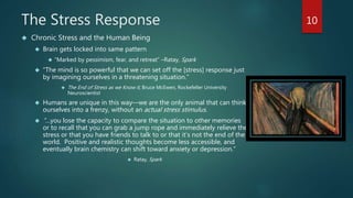 The Stress Response 
 Chronic Stress and the Human Being 
 Brain gets locked into same pattern 
 “Marked by pessimism, fear, and retreat” –Ratay, Spark 
 “The mind is so powerful that we can set off the [stress] response just 
by imagining ourselves in a threatening situation.” 
 The End of Stress as we Know it, Bruce McEwen, Rockefeller University 
Neuroscientist 
 Humans are unique in this way—we are the only animal that can think 
ourselves into a frenzy, without an actual stress stimulus. 
 “…you lose the capacity to compare the situation to other memories 
or to recall that you can grab a jump rope and immediately relieve the 
stress or that you have friends to talk to or that it’s not the end of the 
world. Positive and realistic thoughts become less accessible, and 
eventually brain chemistry can shift toward anxiety or depression.” 
 Ratay, Spark 
10 
 