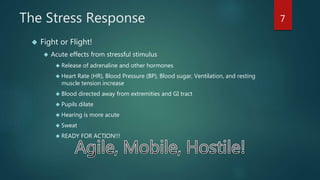 The Stress Response 
 Fight or Flight! 
 Acute effects from stressful stimulus 
 Release of adrenaline and other hormones 
 Heart Rate (HR), Blood Pressure (BP), Blood sugar, Ventilation, and resting 
muscle tension increase 
 Blood directed away from extremities and GI tract 
 Pupils dilate 
 Hearing is more acute 
 Sweat 
 READY FOR ACTION!!! 
7 
 