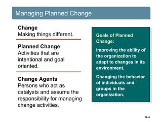 18–6
Managing Planned ChangeManaging Planned Change
Goals of Planned
Change:
Improving the ability of
the organization to
...