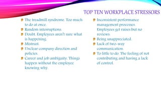 TOP TEN WORKPLACE STRESSORS
The treadmill syndrome. Too much
to do at once.
Random interruptions.
Doubt. Employees aren’t sure what
is happening.
Mistrust.
Unclear company direction and
policies.
Career and job ambiguity. Things
happen without the employee
knowing why.
Inconsistent performance
management processes.
Employees get raises but no
reviews.
Being unappreciated.
Lack of two-way
communication.
To little to do. The feeling of not
contributing and having a lack
of control.
 