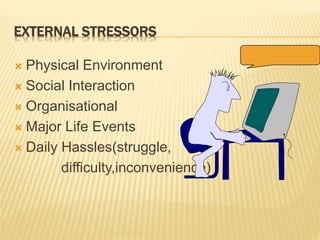 EXTERNAL STRESSORS
 Physical Environment
 Social Interaction
 Organisational
 Major Life Events
 Daily Hassles(struggle,
difficulty,inconvenience)
 