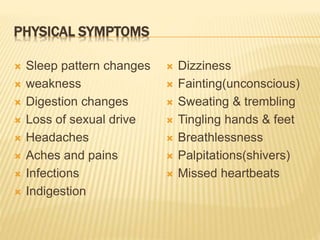PHYSICAL SYMPTOMS
 Sleep pattern changes
 weakness
 Digestion changes
 Loss of sexual drive
 Headaches
 Aches and pains
 Infections
 Indigestion
 Dizziness
 Fainting(unconscious)
 Sweating & trembling
 Tingling hands & feet
 Breathlessness
 Palpitations(shivers)
 Missed heartbeats
 