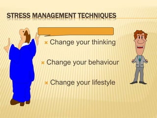 STRESS MANAGEMENT TECHNIQUES
 Change your thinking
 Change your behaviour
 Change your lifestyle
 