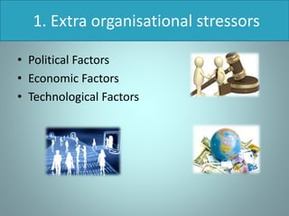 1. Extra organisational stressors
• Political Factors
• Economic Factors
• Technological Factors
 