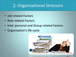 2. Organisational Stressors
• Job related Factors
• Role related Factors
• Inter personal and Group related Factors
• Organisation’s life cycle
 