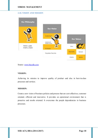 STRESS MANAGEMENT
SSR ACS, BBA (2014-2017) Page 18
2.10. VISION AND MISSION
Source: www.biccello.com
VISSION:
Achieving its mission to improve quality of product and also in best-in-class
processes and services.
MISSION:
Create a new vision of business policies and process that are cost-effectives, customer
oriented, efficient and innovative. It provides an operational environment that is
proactive and results oriented. It overcomes the people dependencies in business
processes.
 