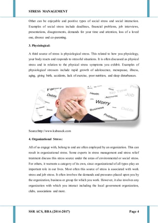STRESS MANAGEMENT
SSR ACS, BBA (2014-2017) Page 4
Other can be enjoyable and positive types of social stress and social interaction.
Examples of social stress include deadlines, financial problems, job interviews,
presentations, disagreements, demands for your time and attention, loss of a loved
one, divorce and co-parenting.
3. Physiological:
A third source of stress is physiological stress. This related to how you physiology,
your body reacts and responds to stressful situations. It is often discussed as physical
stress and in relation to the physical stress symptoms you exhibit. Examples of
physiological stressors include rapid growth of adolescence, menopause, illness,
aging, giving birth, accidents, lack of exercise, poor nutrition, and sleep disturbances.
Source:http://www.kubassek.com
4. Organizational Stress:
All of us engage with, belong to and are often employed by an organization. This can
result in organizational stress. Some experts in stress management and stress relief
treatment discuss this stress source under the areas of environmental or social stress.
For others, it warrants a category of its own, since organizational of all types play an
important role in our lives. Most often this source of stress is associated with work
stress and job stress. It often involves the demands and pressures placed upon you by
the organization, business or group for which you work. However, it also involves any
organization with which you interact including the local government organization,
clubs, associations and more.
 