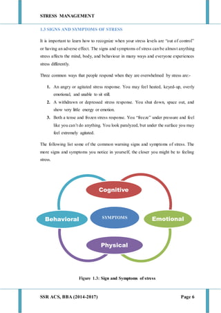 STRESS MANAGEMENT
SSR ACS, BBA (2014-2017) Page 6
1.3 SIGNS AND SYMPTOMS OF STRESS
It is important to learn how to recognize when your stress levels are “out of control”
or having an adverse effect. The signs and symptoms of stress can be almost anything
stress affects the mind, body, and behaviour in many ways and everyone experiences
stress differently.
Three common ways that people respond when they are overwhelmed by stress are:-
1. An angry or agitated stress response. You may feel heated, keyed-up, overly
emotional, and unable to sit still.
2. A withdrawn or depressed stress response. You shut down, space out, and
show very little energy or emotion.
3. Both a tense and frozen stress response. You “freeze” under pressure and feel
like you can’t do anything. You look paralyzed, but under the surface you may
feel extremely agitated.
The following list some of the common warning signs and symptoms of stress. The
more signs and symptoms you notice in yourself, the closer you might be to feeling
stress.
Figure 1.3: Sign and Symptoms of stress
SYMPTOMS
Cognitive
Emotional
Physical
Behavioral
 