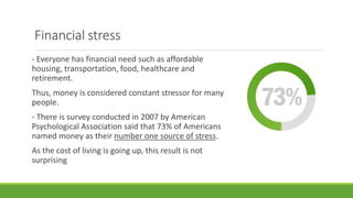 Financial stress
- Everyone has financial need such as affordable
housing, transportation, food, healthcare and
retirement.
Thus, money is considered constant stressor for many
people.
- There is survey conducted in 2007 by American
Psychological Association said that 73% of Americans
named money as their number one source of stress.
As the cost of living is going up, this result is not
surprising
 