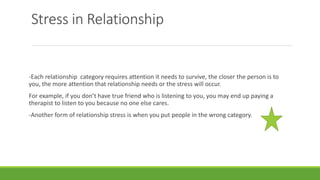 Stress in Relationship
-Each relationship category requires attention it needs to survive, the closer the person is to
you, the more attention that relationship needs or the stress will occur.
For example, if you don’t have true friend who is listening to you, you may end up paying a
therapist to listen to you because no one else cares.
-Another form of relationship stress is when you put people in the wrong category.
 