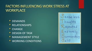 DEMANDS
RELATIONSHIPS
CHANGE
DESIGN OF TASK
MANAGEMENT STYLE
WORKING CONDITIONS
 