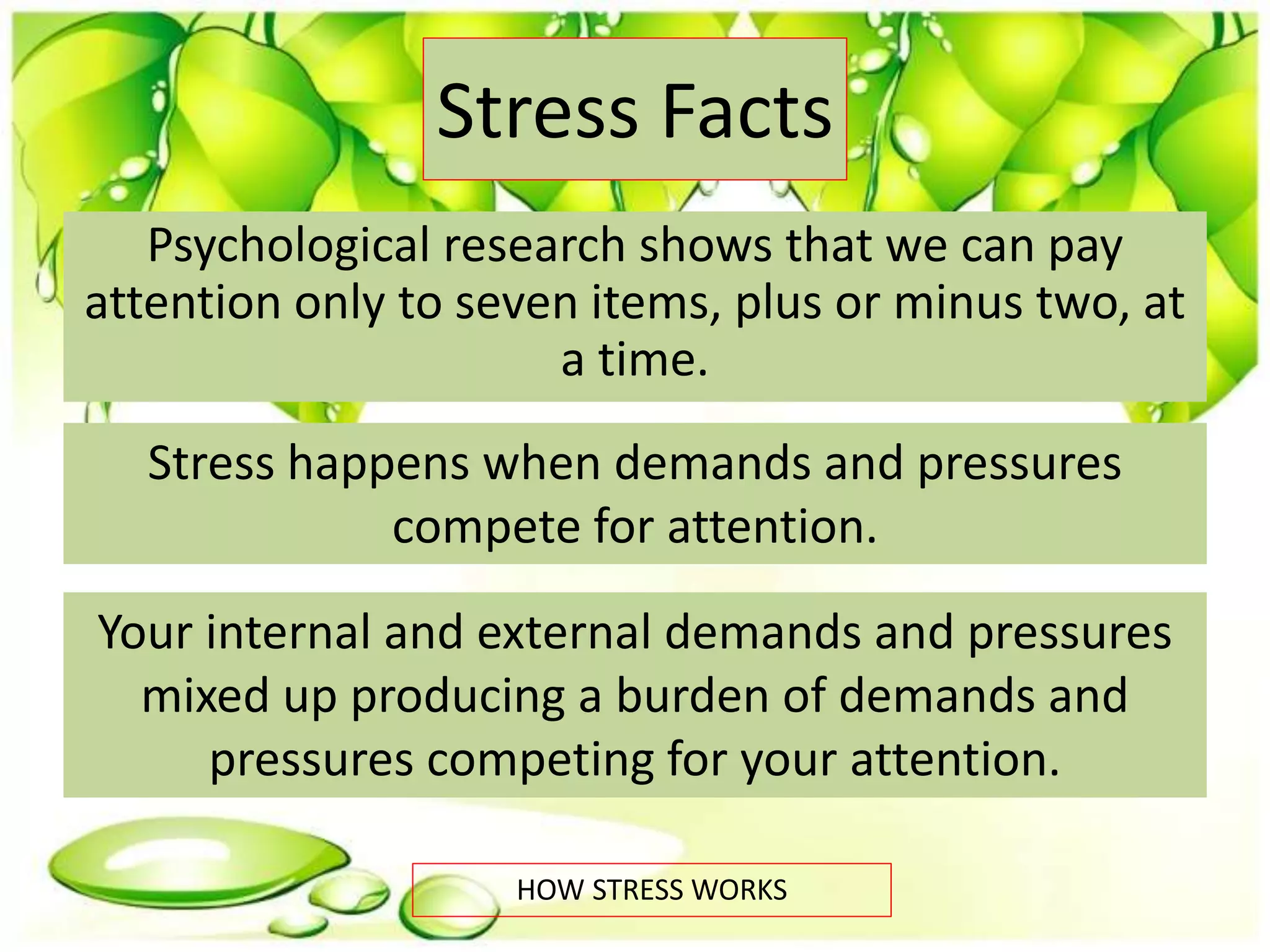 Stress Facts
Psychological research shows that we can pay
attention only to seven items, plus or minus two, at
a time.
HOW STRESS WORKS
Stress happens when demands and pressures
compete for attention.
Your internal and external demands and pressures
mixed up producing a burden of demands and
pressures competing for your attention.
 