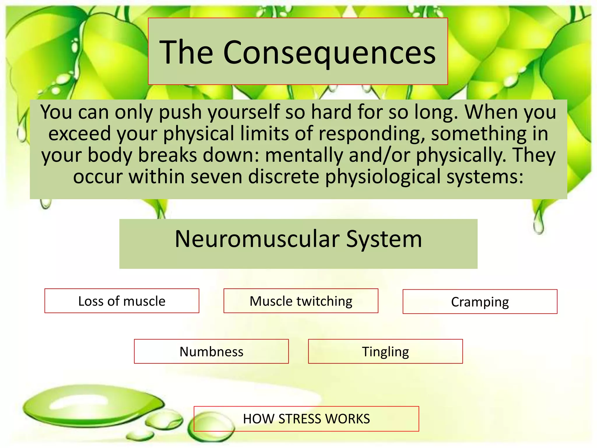 The Consequences
You can only push yourself so hard for so long. When you
exceed your physical limits of responding, something in
your body breaks down: mentally and/or physically. They
occur within seven discrete physiological systems:
HOW STRESS WORKS
Neuromuscular System
Loss of muscle Muscle twitching Cramping
Numbness Tingling
 