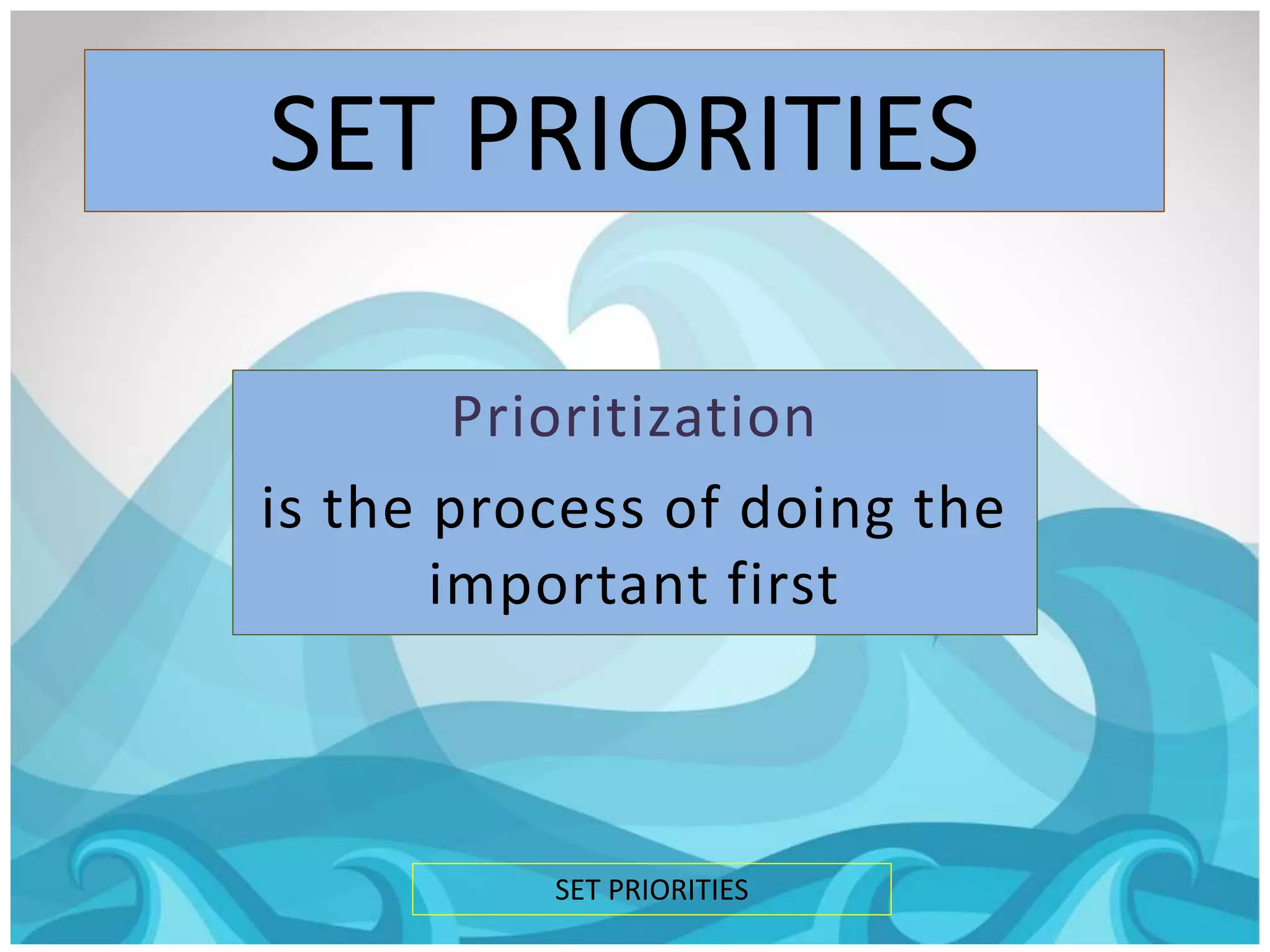 SET PRIORITIES
Prioritization
is the process of doing the
important first
SET PRIORITIES
 