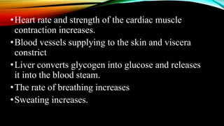 •Heart rate and strength of the cardiac muscle
contraction increases.
•Blood vessels supplying to the skin and viscera
constrict
•Liver converts glycogen into glucose and releases
it into the blood steam.
•The rate of breathing increases
•Sweating increases.
 