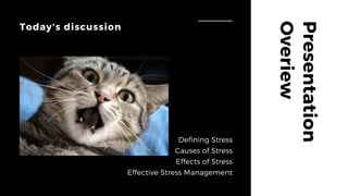 Presentation
Overiew
Today's discussion
Defining Stress
Causes of Stress
Effects of Stress
Effective Stress Management
 