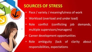 SOURCES OF STRESS
• Pace / variety / meaningfulness of work
• Workload (overload and under load)
• Role conflict (conflicting job demands,
multiple supervisors/managers)
• Career development opportunities
• Role ambiguity (lack of clarity about
responsibilities, expectations
 