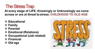 TheStressTrap
At every stage of LIFE, Knowingly or Unknowingly we come
across or are at threat to stress: CHILDHOOD TO OLD AGE
 Educational
 Family
 Parental
 Emotional (Relations)
 Occupational (Job related)
 Financial
 Old age
 