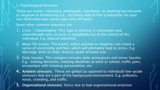 2. Psychological Stressors
These are events, situations, individuals, comments, or anything we interpret
as negative or threatening (i.e.: not being able to find a babysitter for your
sick child when you cannot take time off work).
Some other common stressors are:
1. Crisis / Catastrophes: This type of stressor is unforeseen and
unpredictable and, as such, is completely out of the control of the
individual. E.g. Natural calamities
2. Major life events: The events, either positive or negative, can create a
sense of uncertainty and fear, which will ultimately lead to stress. E.g.
Marriage, birth of child, divorce, death of loved one.
3. Daily hassles: This category includes daily annoyances and minor hassles.
E.g. making decisions, meeting deadlines at work or school, traffic jams,
encounters with irritating personalities, etc.
4. Ambient stressors: These are global (as opposed to individual) low-grade
stressors that are a part of the background environment. E.g. pollution,
noise, crowding, and traffic.
5. Organizational stressors: Stress due to bad organizational practices
 