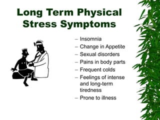 Long Term Physical
Stress Symptoms
– Insomnia
– Change in Appetite
– Sexual disorders
– Pains in body parts
– Frequent colds
– Feelings of intense
and long-term
tiredness
– Prone to illness
 
