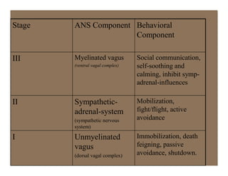 Stage   ANS Component Behavioral
                      Component

III     Myelinated vagus          Social communication,
        (ventral vagal complex)   self-soothing and
                                  calming, inhibit symp-
                                  adrenal-influences

II      Sympathetic-              Mobilization,
        adrenal-system            fight/flight, active
        (sympathetic nervous      avoidance
        system)

I       Unmyelinated              Immobilization, death
        vagus                     feigning, passive
        (dorsal vagal complex)    avoidance, shutdown.
 