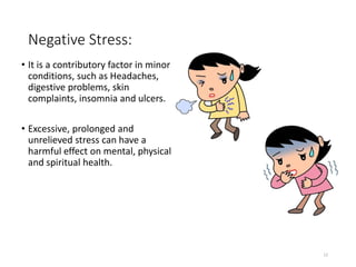 Negative Stress:
• It is a contributory factor in minor
conditions, such as Headaches,
digestive problems, skin
complaints, insomnia and ulcers.
• Excessive, prolonged and
unrelieved stress can have a
harmful effect on mental, physical
and spiritual health.
12
 