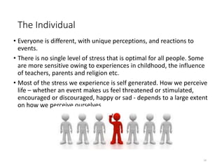 The Individual
• Everyone is different, with unique perceptions, and reactions to
events.
• There is no single level of stress that is optimal for all people. Some
are more sensitive owing to experiences in childhood, the influence
of teachers, parents and religion etc.
• Most of the stress we experience is self generated. How we perceive
life – whether an event makes us feel threatened or stimulated,
encouraged or discouraged, happy or sad - depends to a large extent
on how we perceive ourselves.
14
 