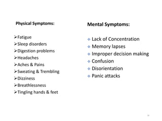 Physical Symptoms:
➢Fatigue
➢Sleep disorders
➢Digestion problems
➢Headaches
➢Aches & Pains
➢Sweating & Trembling
➢Dizziness
➢Breathlessness
➢Tingling hands & feet
18
Mental Symptoms:
❖ Lack of Concentration
❖ Memory lapses
❖ Improper decision making
❖ Confusion
❖ Disorientation
❖ Panic attacks
 