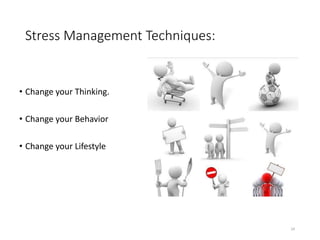 Stress Management Techniques:
• Change your Thinking.
• Change your Behavior
• Change your Lifestyle
24
 