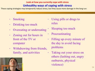 “ N U M B E R O N E I N H E A R T C A R E ”
TM
24
• Smoking
• Drinking too much
• Overeating or undereating
• Zoning out for hours in
front of the TV or
computer
• Withdrawing from friends,
family, and activities
• Using pills or drugs to
relax
• Sleeping too much
• Procrastinating
• Filling up every minute of
the day to avoid facing
problems
• Taking out your stress on
others (lashing out, angry
outbursts, physical
violence)
Look at how you currently cope with stress
Unhealthy ways of coping with stress
These coping strategies may temporarily reduce stress, but they cause more damage in the long run:
 