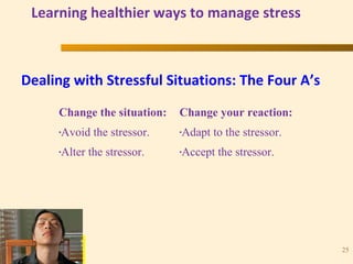 “ N U M B E R O N E I N H E A R T C A R E ”
TM
25
Learning healthier ways to manage stress
Change the situation:
•Avoid the stressor.
•Alter the stressor.
Change your reaction:
•Adapt to the stressor.
•Accept the stressor.
Dealing with Stressful Situations: The Four A’s
 