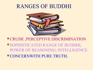 RANGES OF BUDDHI
CRUDE ,PERCEPTIVE DISCRIMINATION
SOPHISTICATED RANGE OF BUDDHI,
POWER OF REASONING, INTELLIGENCE.
CONCERNWITH PURE TRUTH.
 
